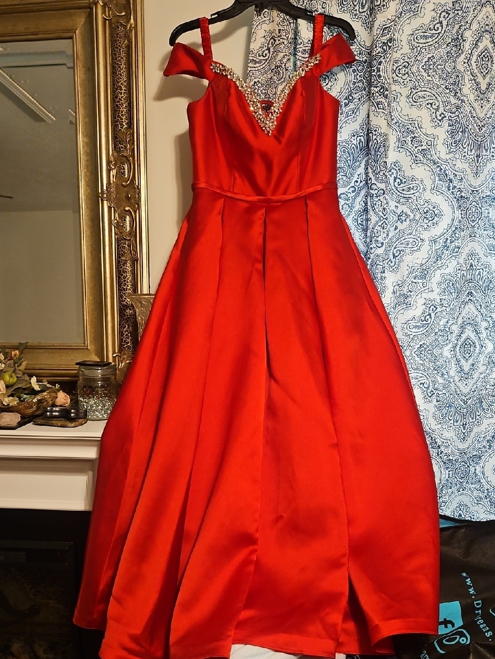 Clarisse Red Satin Ball Gown with Rhinestone V-Neck